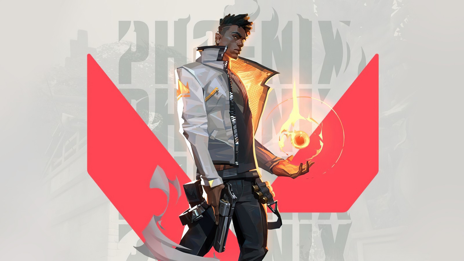 A man in a white shirt holding a gun and a red and white arrow (phoenix, valorant, video game)