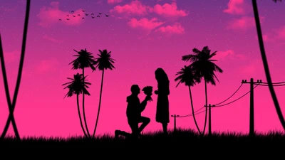 Romantic Sunset Proposal Amidst Silhouettes of Palm Trees