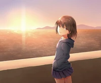 Anime-Mädchen, das einen ruhigen Sommer-Sonnenuntergang am Meer genießt