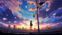 Lever de soleil serein : Une fille regarde un paysage urbain vibrant sous des nuages colorés