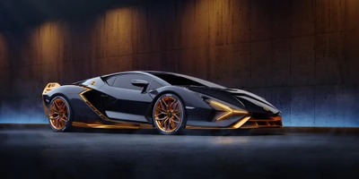 Lamborghini Sián FKP 37 в ярком черно-золотом дизайне, на фоне темного индустриального пейзажа.