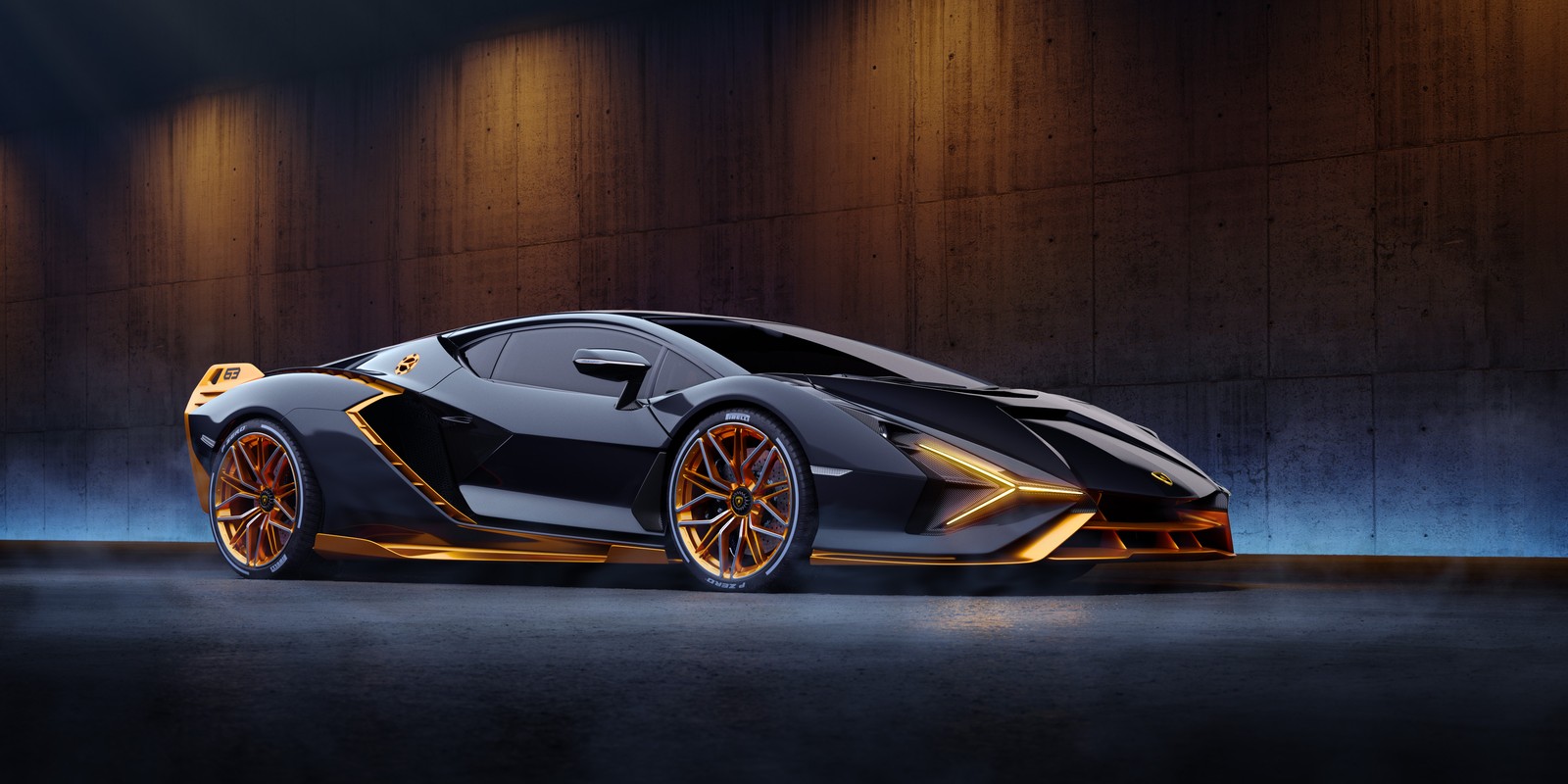 Un lamborghini negro y naranja está estacionado en una habitación oscura (lamborghini sián fkp 37, coches negros, estética oscura, coches, fondo de pantalla 4k)