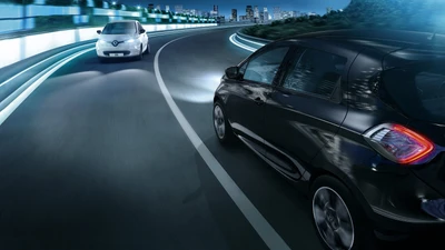 Concepto de hatchbacks eléctricos de Renault en un paisaje urbano nocturno dinámico