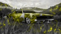 Dodge Challenger amarelo: Um clássico muscle car em uma paisagem dinâmica