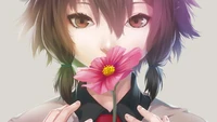 Anime girl holding a pink flower, with a gentle expression and vibrant eyes.