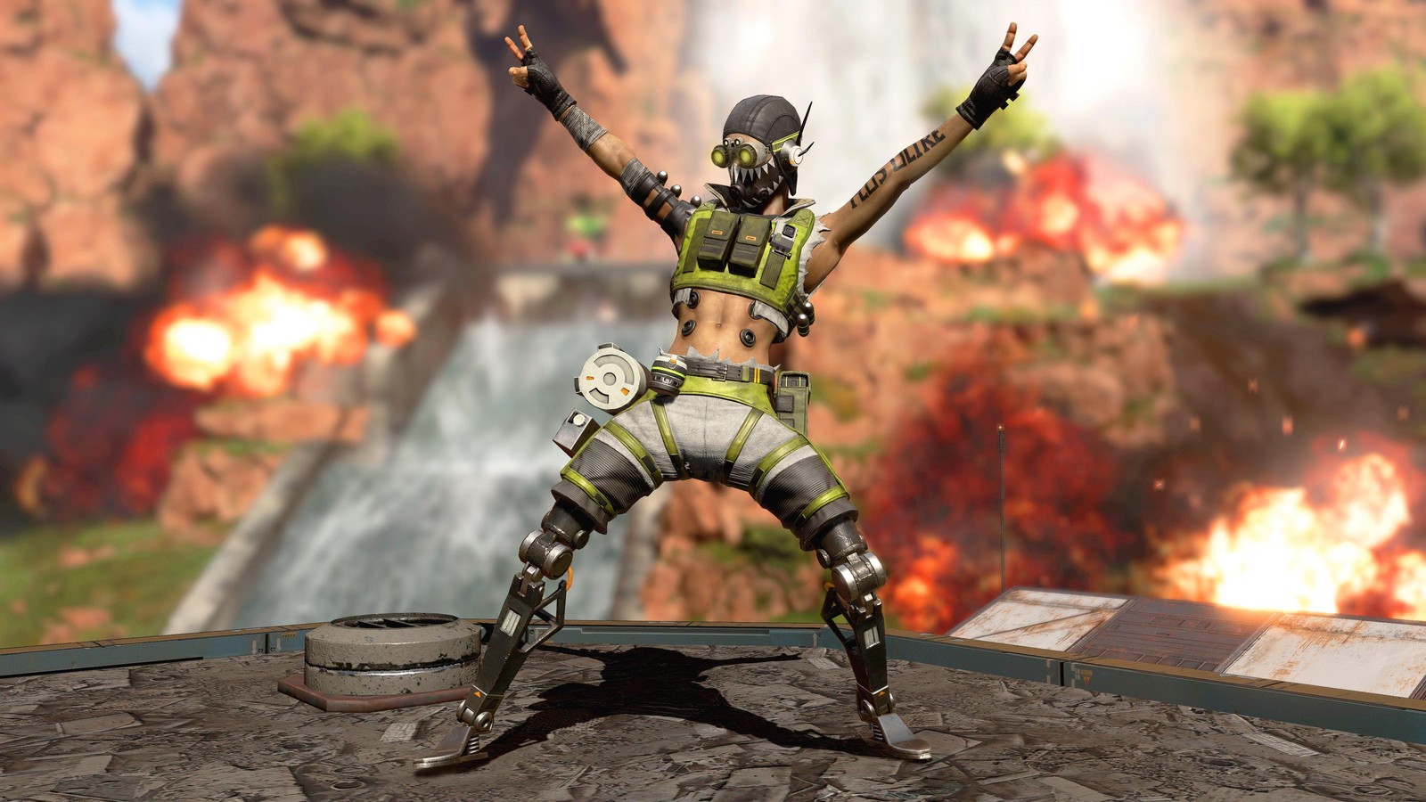 Uma mulher em um traje futurista em pé sobre uma rocha com os braços abertos (apex legends, jogo de vídeo, octano)