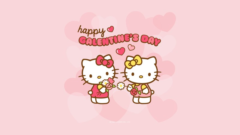 Пара hello kitty стоит рядом друг с другом на розовом фоне (happy galentines day, фоновый рисунок hello kitty, 5k, пастельно розовый, санрио)