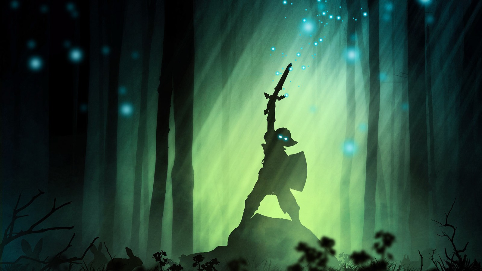 A man standing on a rock in the woods holding a sword (the legend of zelda, green, natural environment, performance, tree)