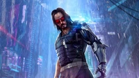 Johnny Silverhand em uma paisagem urbana cyberpunk imersa em néon