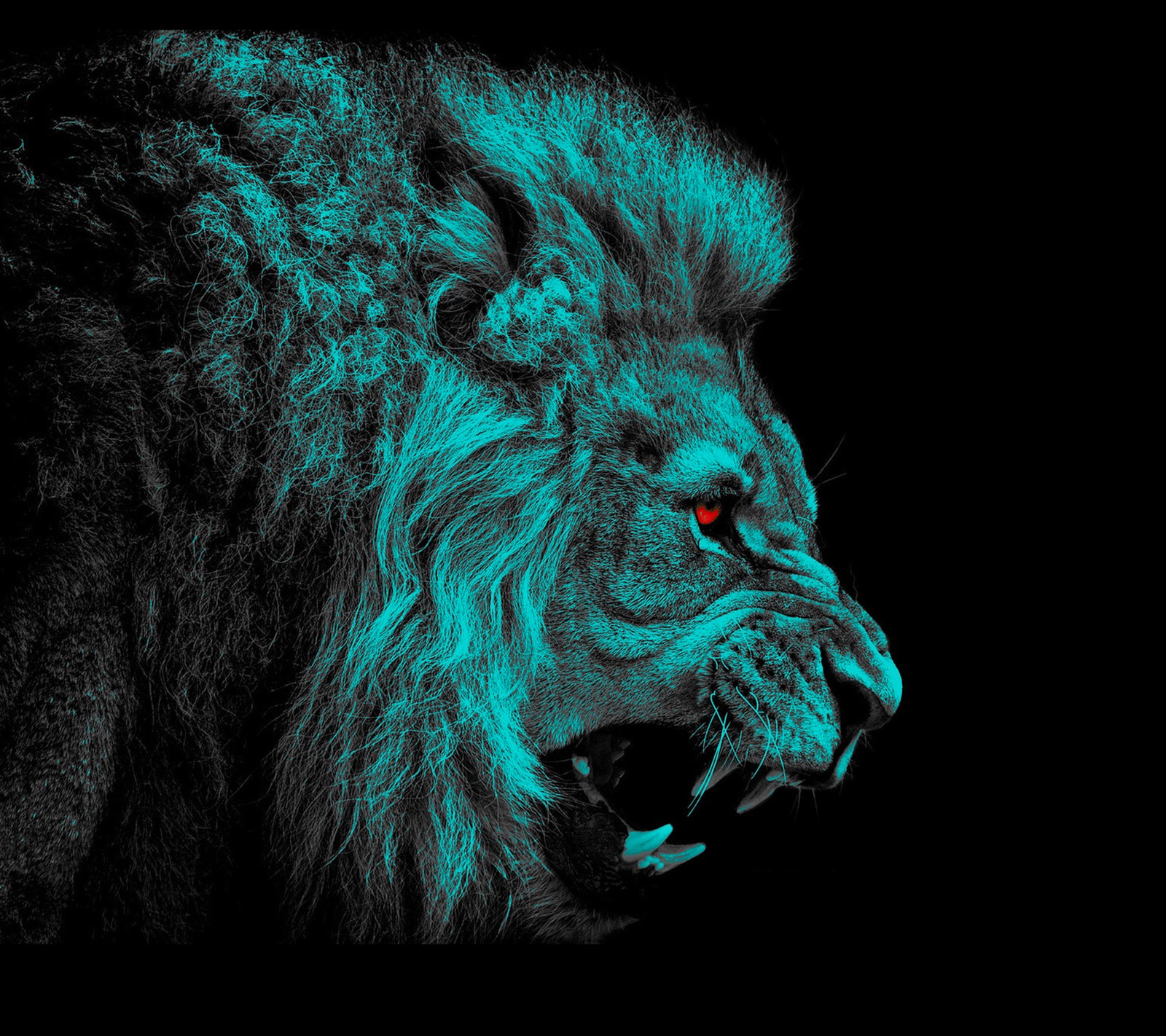 Arafed image of a lion with a red eye in the dark (animal, cyan, lion, roar)