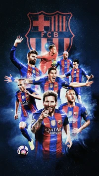 Dynamic anime-style artwork featuring iconic FC Barcelona players in action, highlighted by their blue and garnet jerseys against a dramatic background.