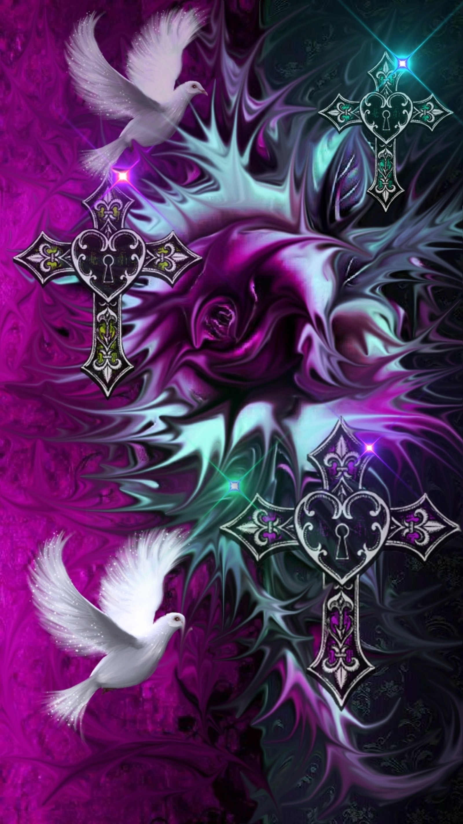 A purple and black cross with a rose and two doves (colorful, crosses, dove, flower, peace)