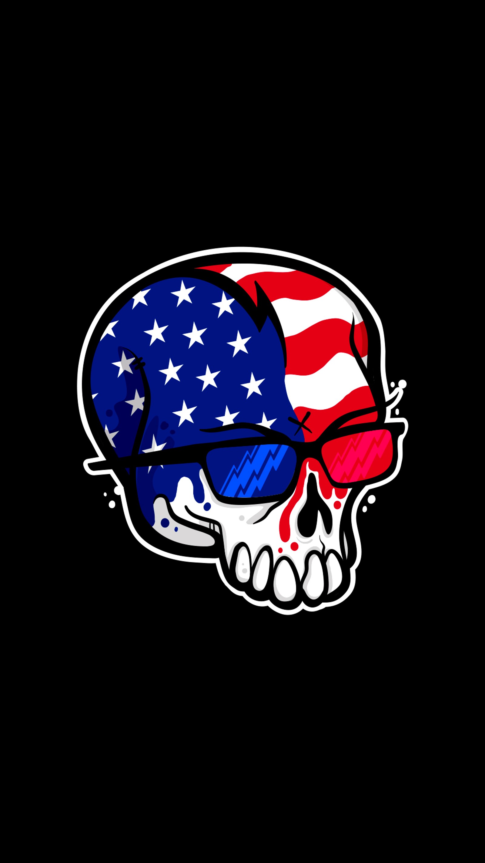 Skull with american flag hat and sunglasses on black background (lacko, illustration, trippy, cool, art)