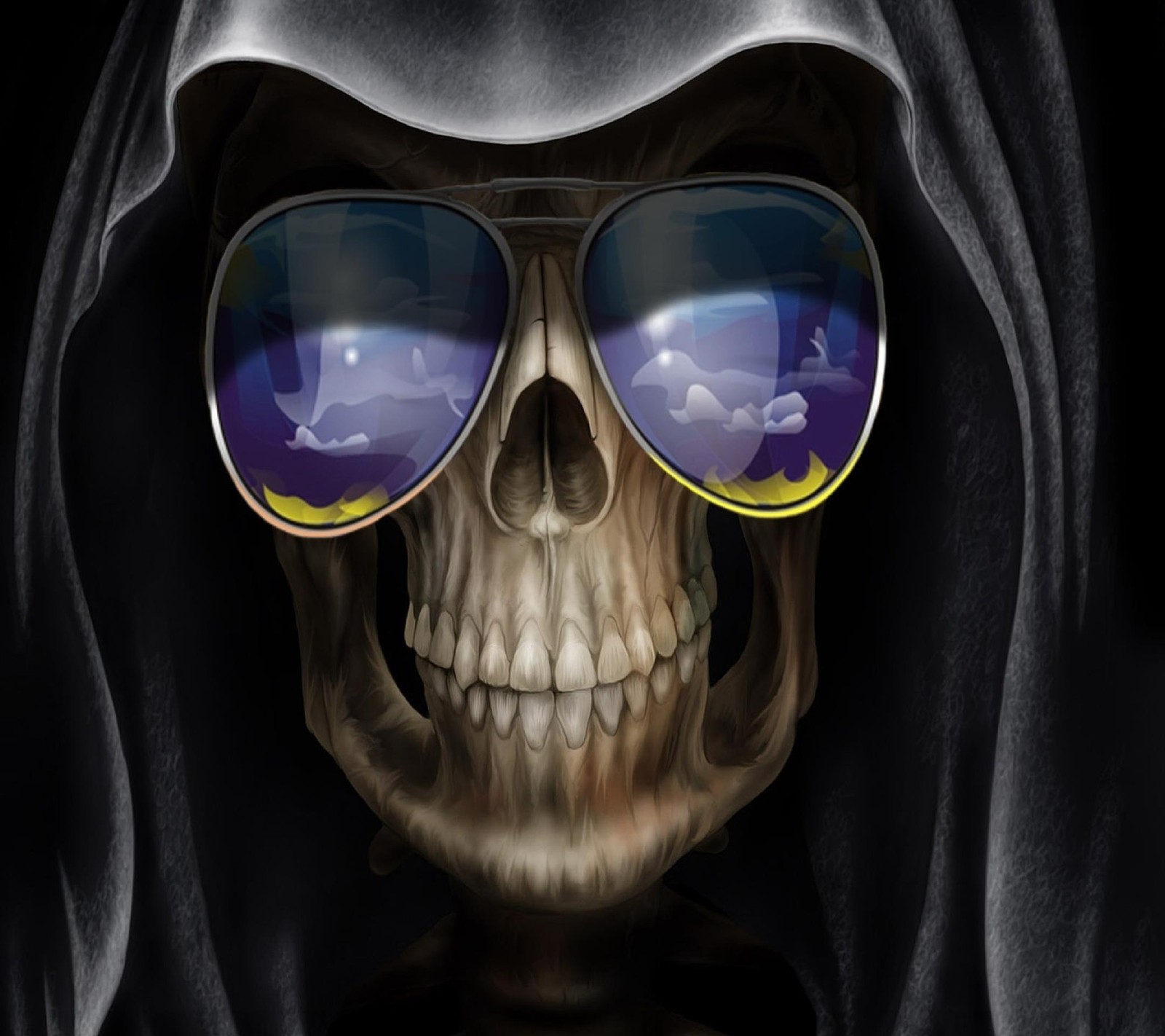 A close up of a skull wearing sunglasses and a hood (2160x1920, wallpaper)