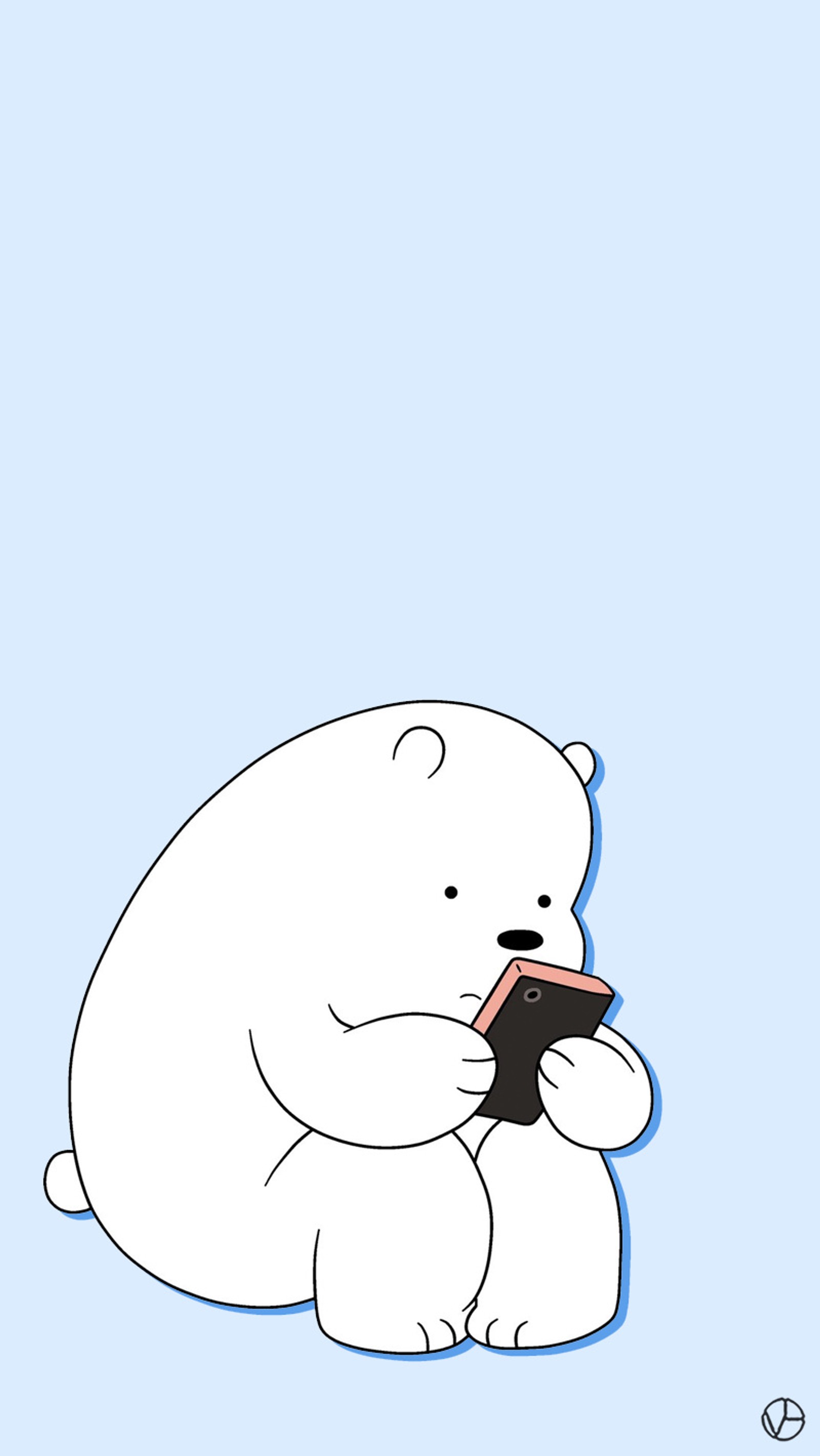 Oso polar de dibujos animados sentado en el suelo y sosteniendo un teléfono celular (icebear, we bare bears)