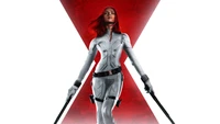 Natasha Romanoff in a striking white suit, poised with weapons against a bold red backdrop, embodying the spirit of "Black Widow 2020.