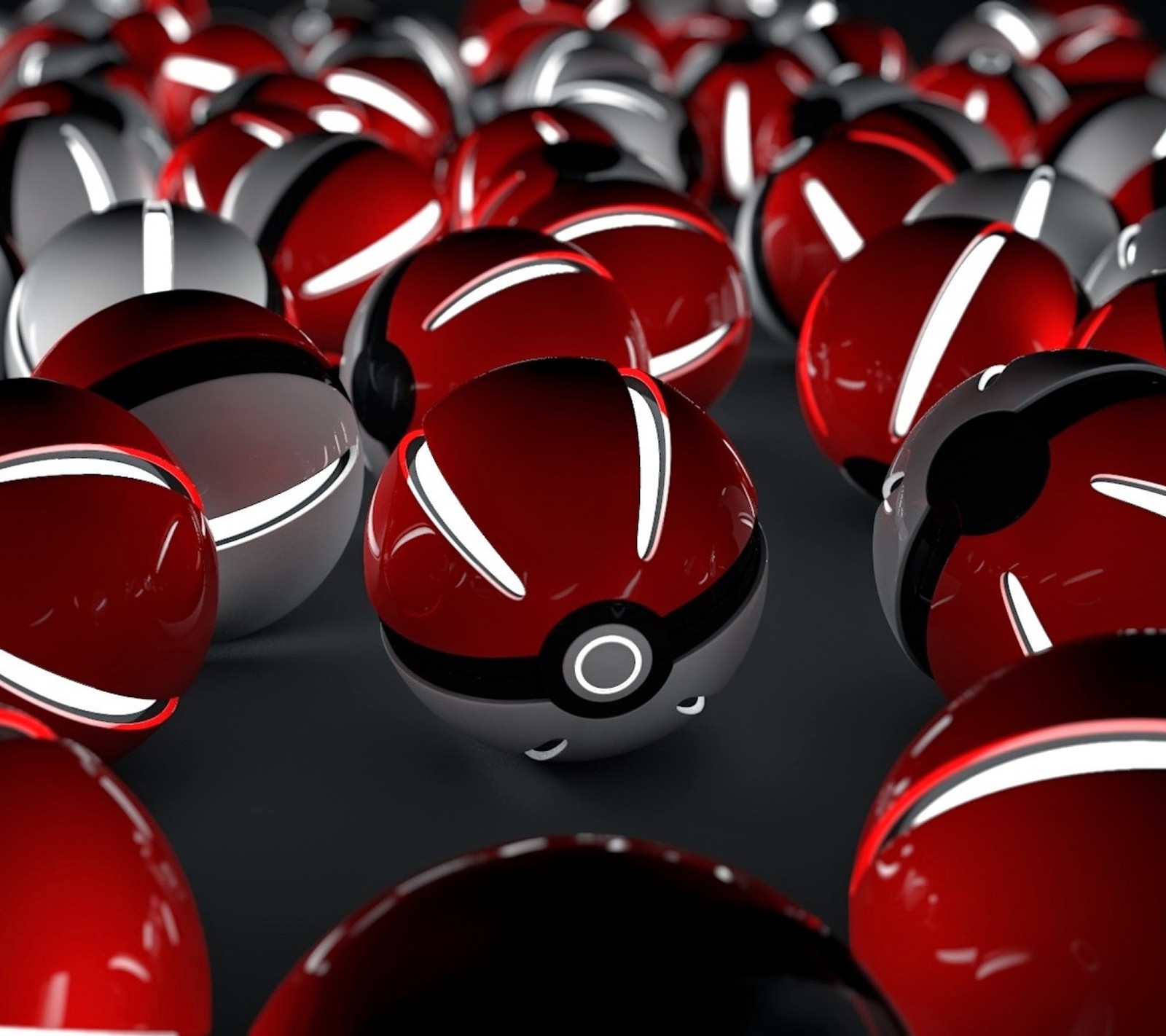 A close up of a group of shiny red and white balls (3d, pokeball)