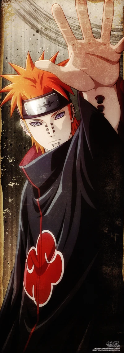 Personnage de Naruto avec des cheveux orange distinctifs et un manteau emblématique d'Akatsuki