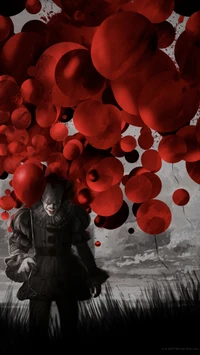 Creepy Clown Surrounded by Red Balloons in a Dark Landscape