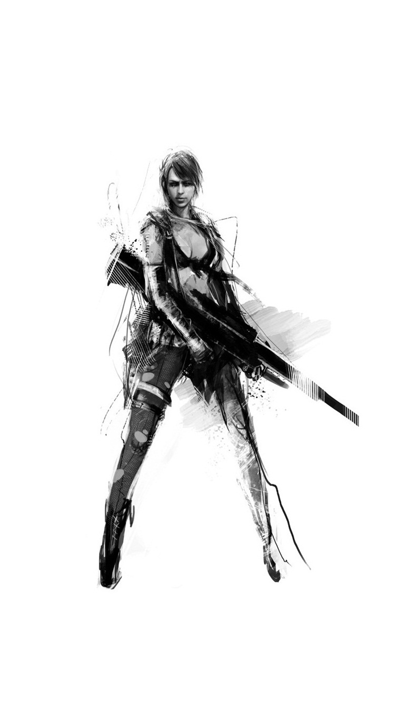 Un dessin noir et blanc d'une femme tenant une arme (art, fan, metal gear solid, mgs, silencieux)