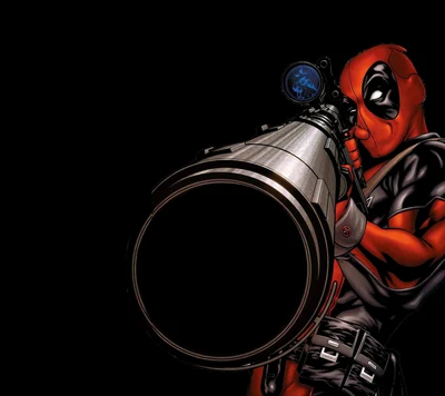 Deadpool vise avec un fusil de sniper sur un fond noir