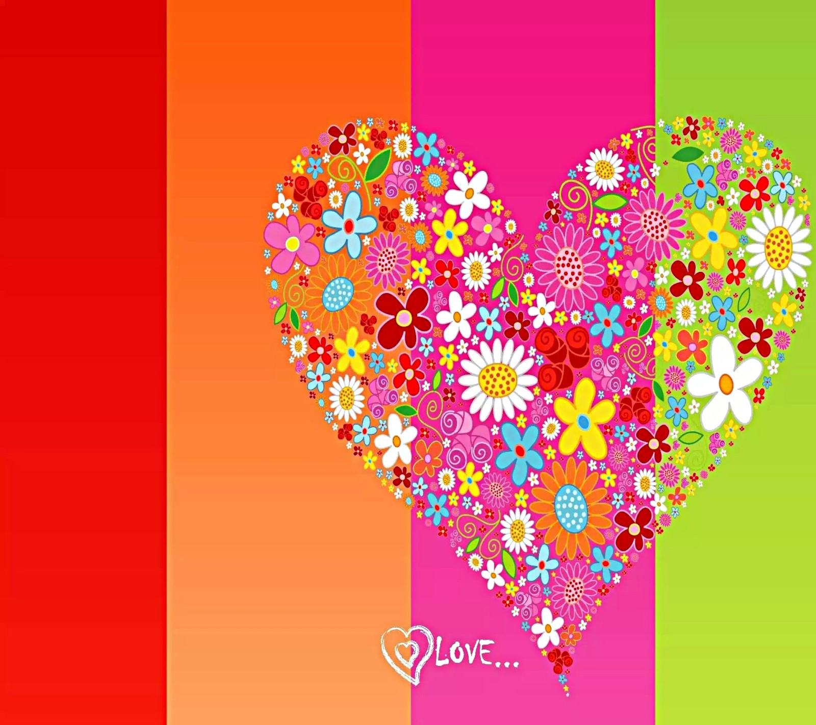 A heart made of flowers on a multicolored background (flowers, heart)