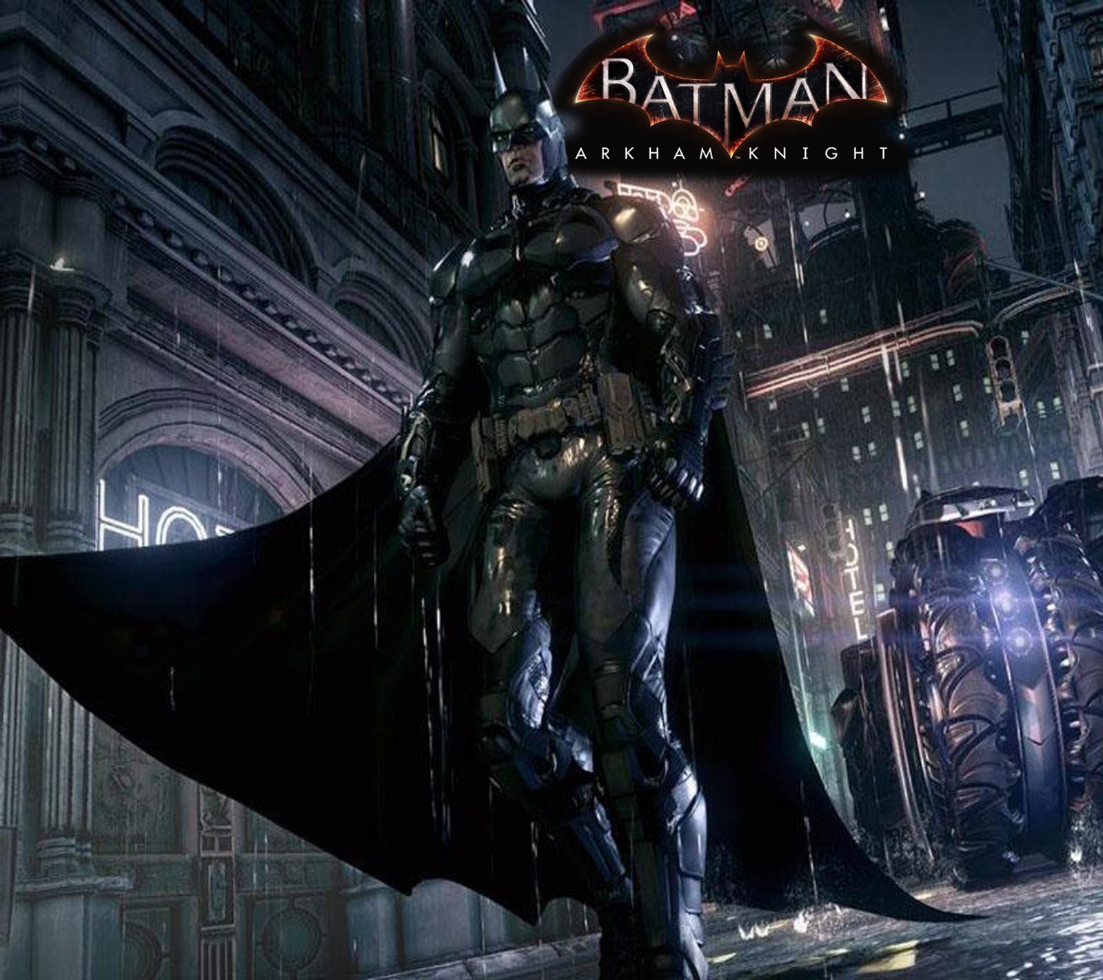 Batman arkham knight is standing in a dark city (arkham, batman, games, knight, ps4)