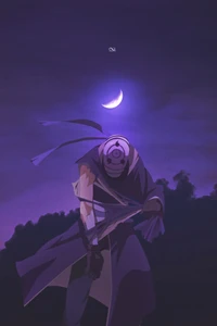 Obito Uchiha in a Mystical Nightscape with Moon and Sharingan