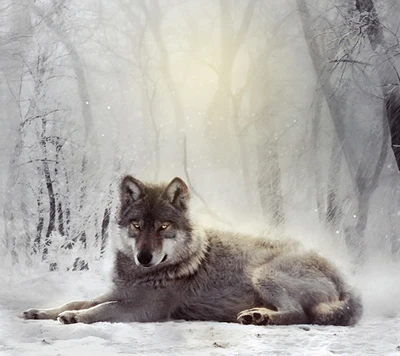 A serene wolf resting in a snowy forest, surrounded by a tranquil winter landscape.