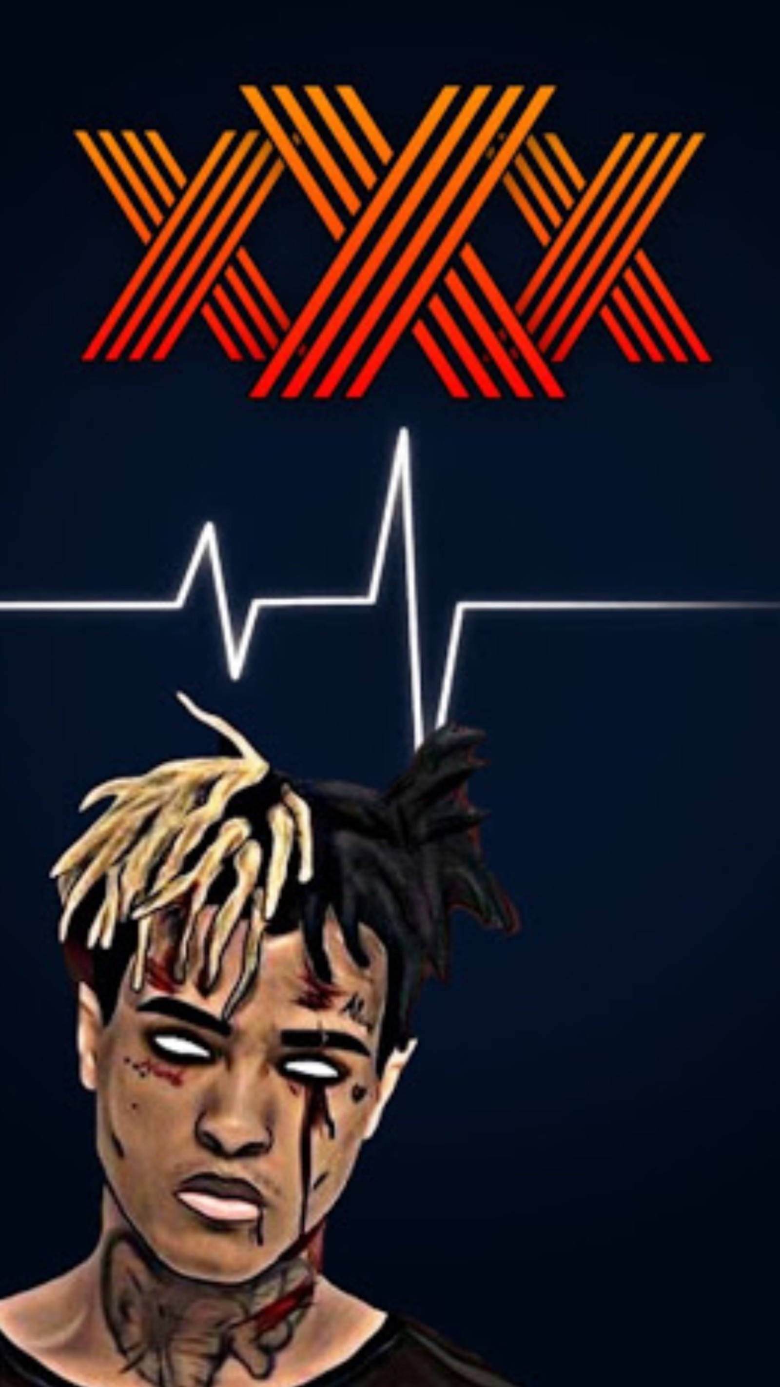 A drawing of a man with dreadlocks and a heartbeat line (tentacion)