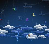 Colorful birds soaring through a sky filled with whimsical clouds and lightning, set against a deep blue backdrop.