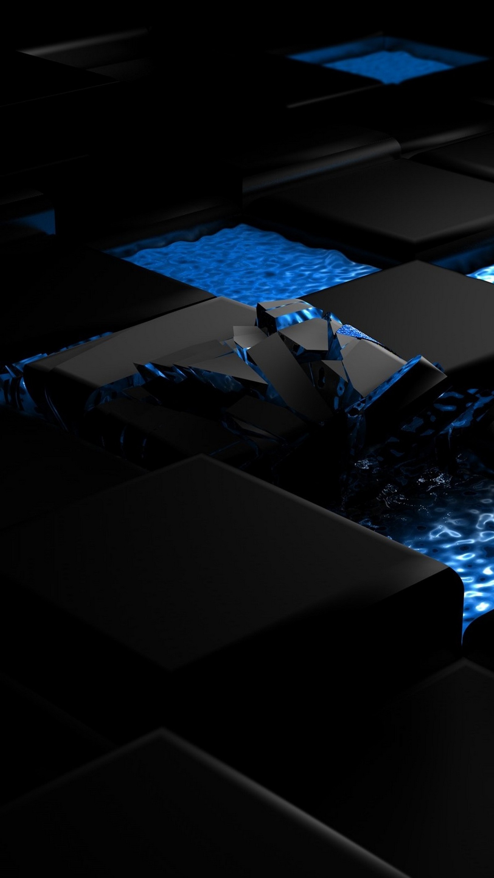 There is a computer keyboard with a blue light on it (abstract, beaty, black, blue, cube)