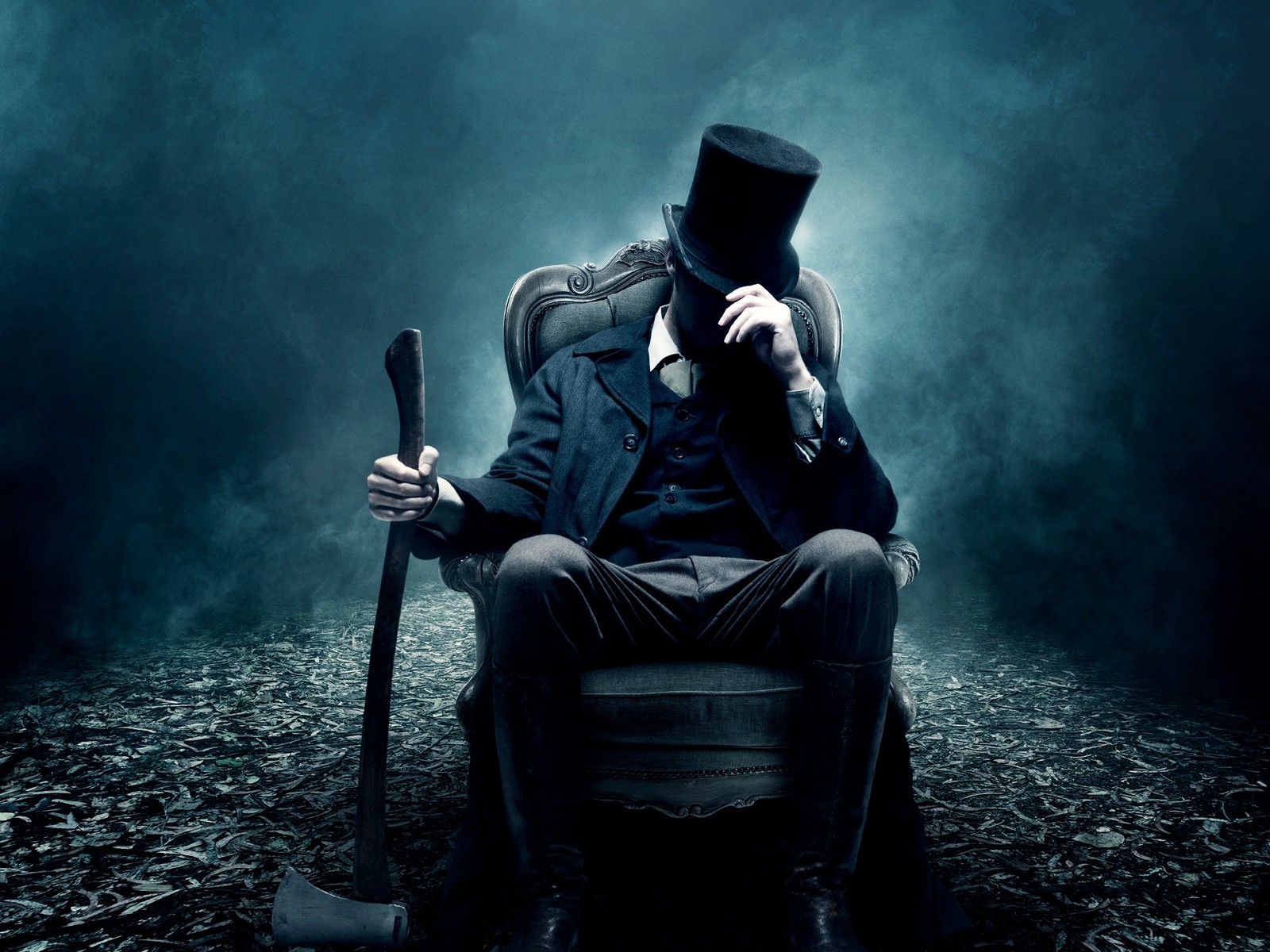 Un homme arabe en haut-de-forme assis sur une chaise avec une canne (abraham lincoln, noir, horreur, film, vampire hunter)