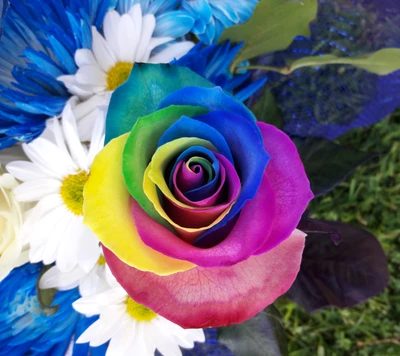 Lebendige Regenbogenrose umgeben von weißen Gänseblümchen und blauen Blumen