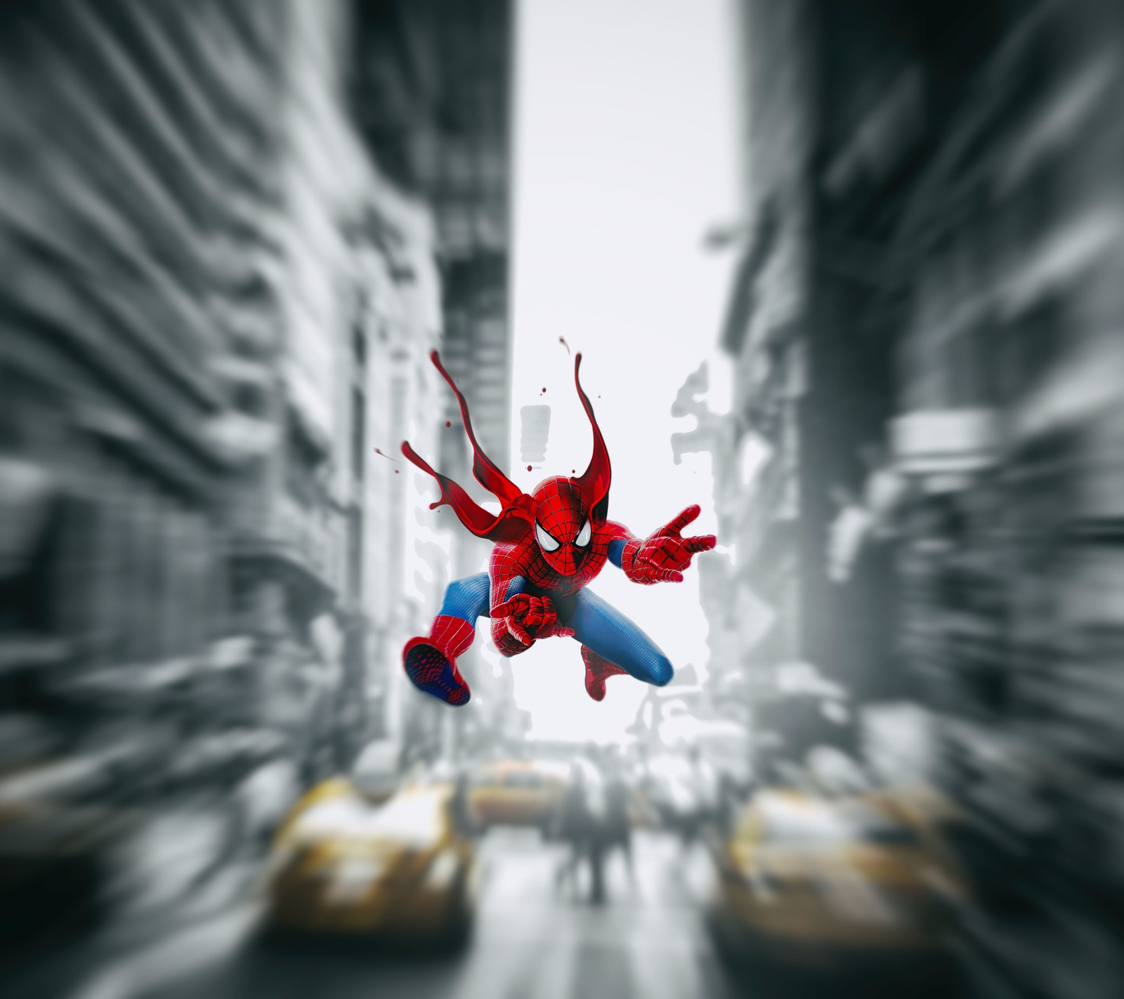 Spider - man flying through the air in a city with cars (cool, dr, love, spider man, style)