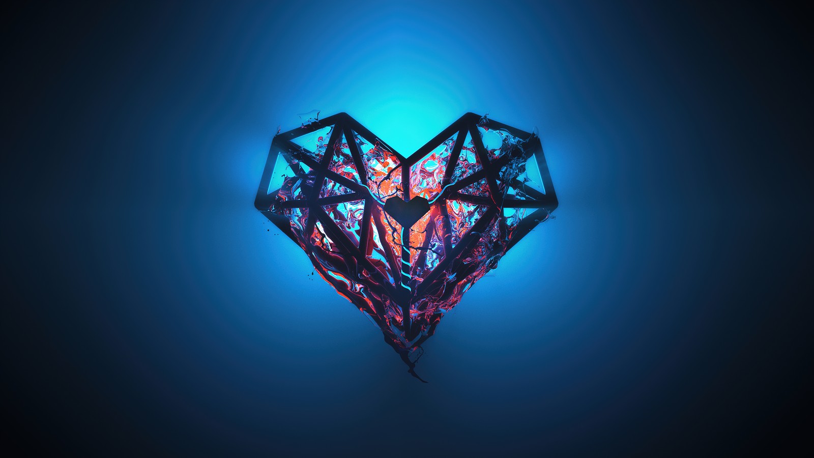 A close up of a diamond on a blue background (heart, low poly, artwork, glow, blue background)