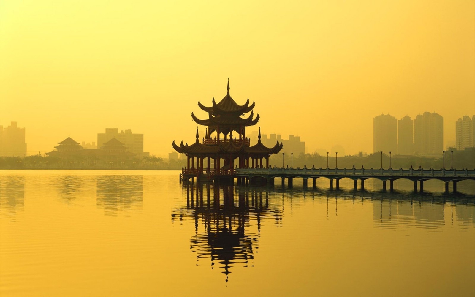 chinese architecture, reflection, landmark, morning, calm wallpaper