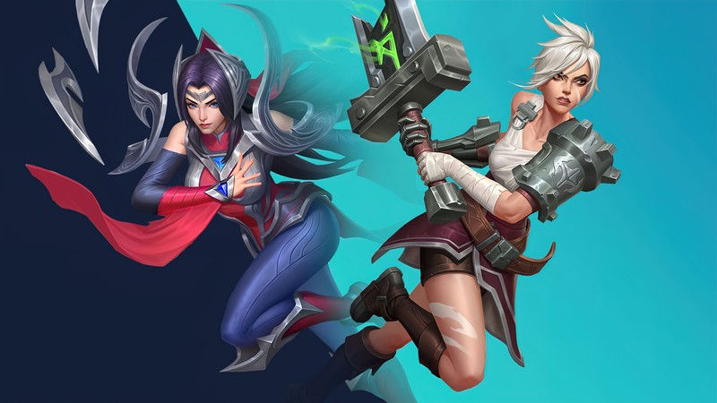 Две женские персонажи в доспехах с мечами (riven, irelia, league of legends, lol, видеоигра)