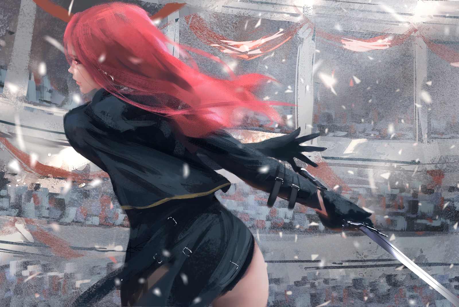 Anime girl with red hair holding a sword in a snowy arena (digital art, art, artist, drawing, comics)