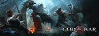 Confrontación épica entre Kratos y un enemigo colosal en un bosque oscuro y místico, con acción intensa y una iluminación dramática, que encarna la esencia de "God of War".