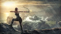 Lara Croft, prête avec un arc, prête pour l'aventure contre un paysage maritime dramatique au coucher du soleil.