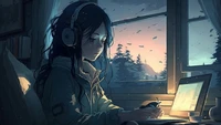 lofi girl, sad mood, alone, listening music, fantasy wallpaper