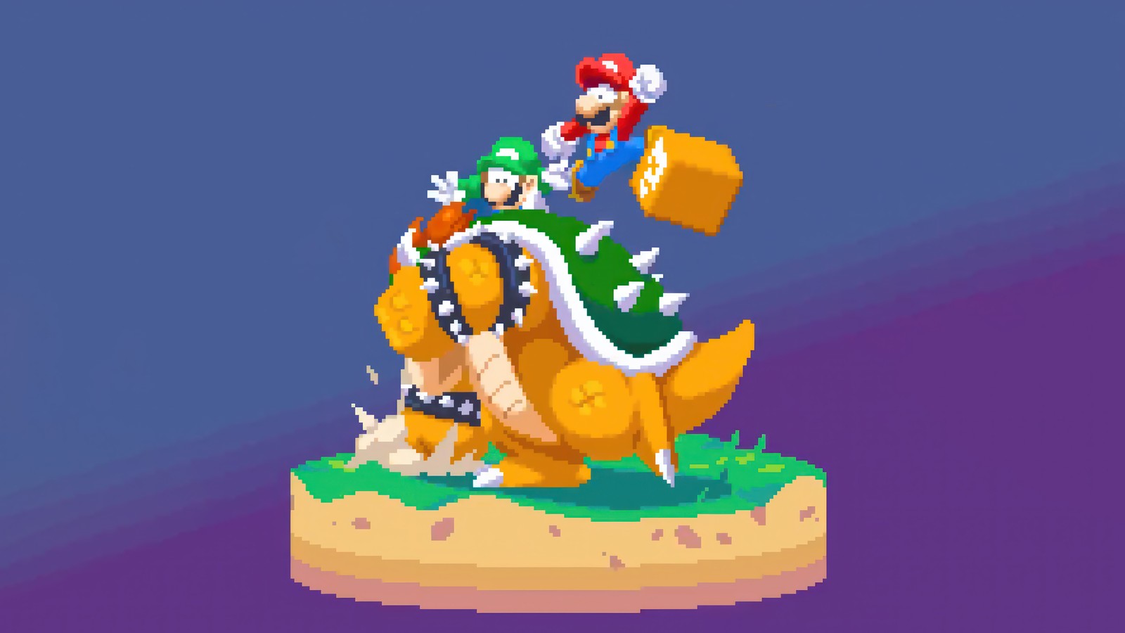 A pixel artwork of a dragon with a man riding on top of it (mario bros, video game, mario, luigi, bowser)