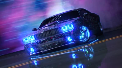 Lebendiger Dodge Challenger mit Neonakzenten, der sein schlankes Design und die dynamische Beleuchtung auf einer reflektierenden Oberfläche zeigt.