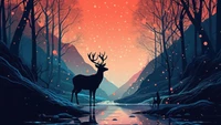 Silhouette of a deer in a serene mountain landscape at dusk.