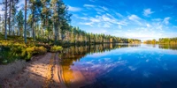 Paisagem serena à beira do lago refletindo um céu vibrante, cercada por uma vegetação exuberante e folhagem de outono.