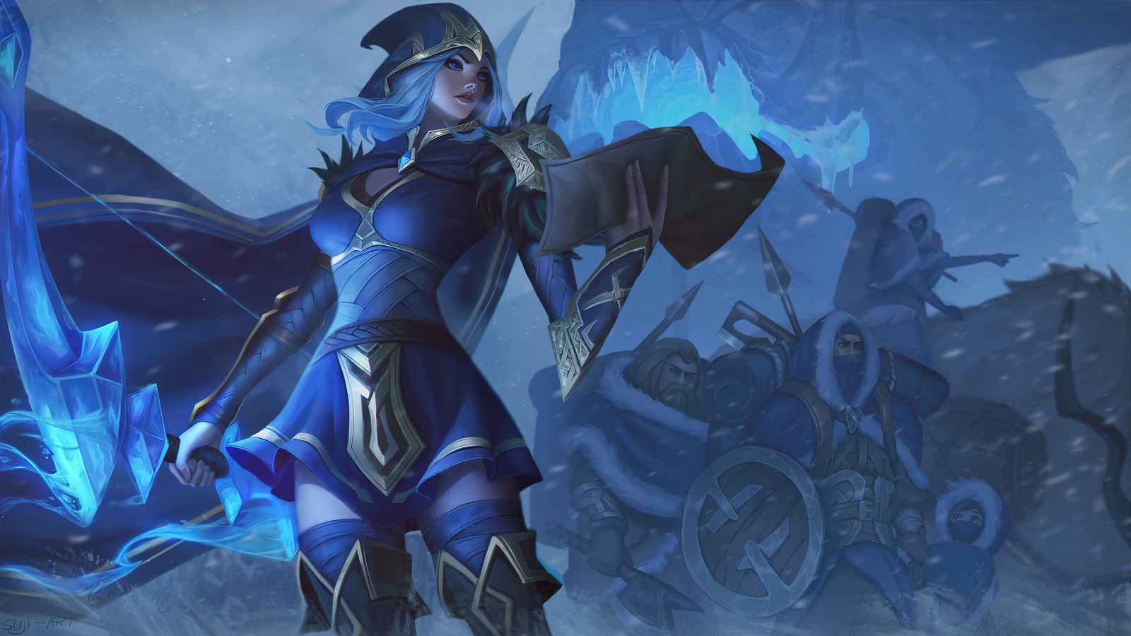 Uma mulher em um traje azul segurando uma espada e uma chama azul (ashe, league of legends, lol, jogo de vídeo, arte)