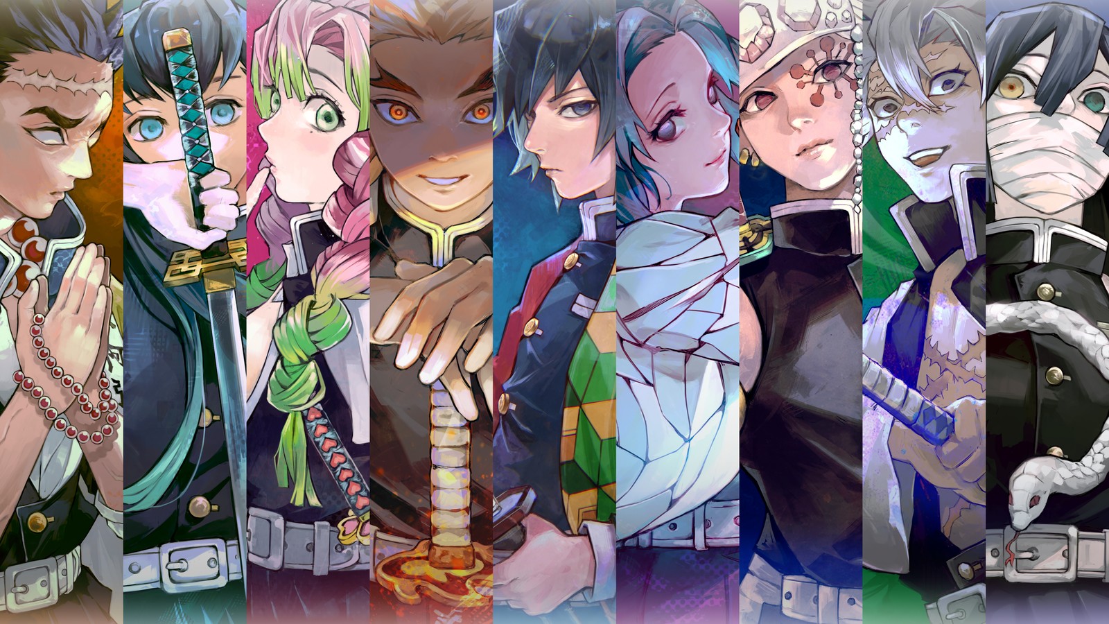 Un groupe de personnages d'anime avec des yeux et des cheveux de différentes couleurs (kimetsu no yaiba, anime, tueur de démons kimetsu no yaiba, demon slayer kimetsu no yaiba, 鬼滅の刃)