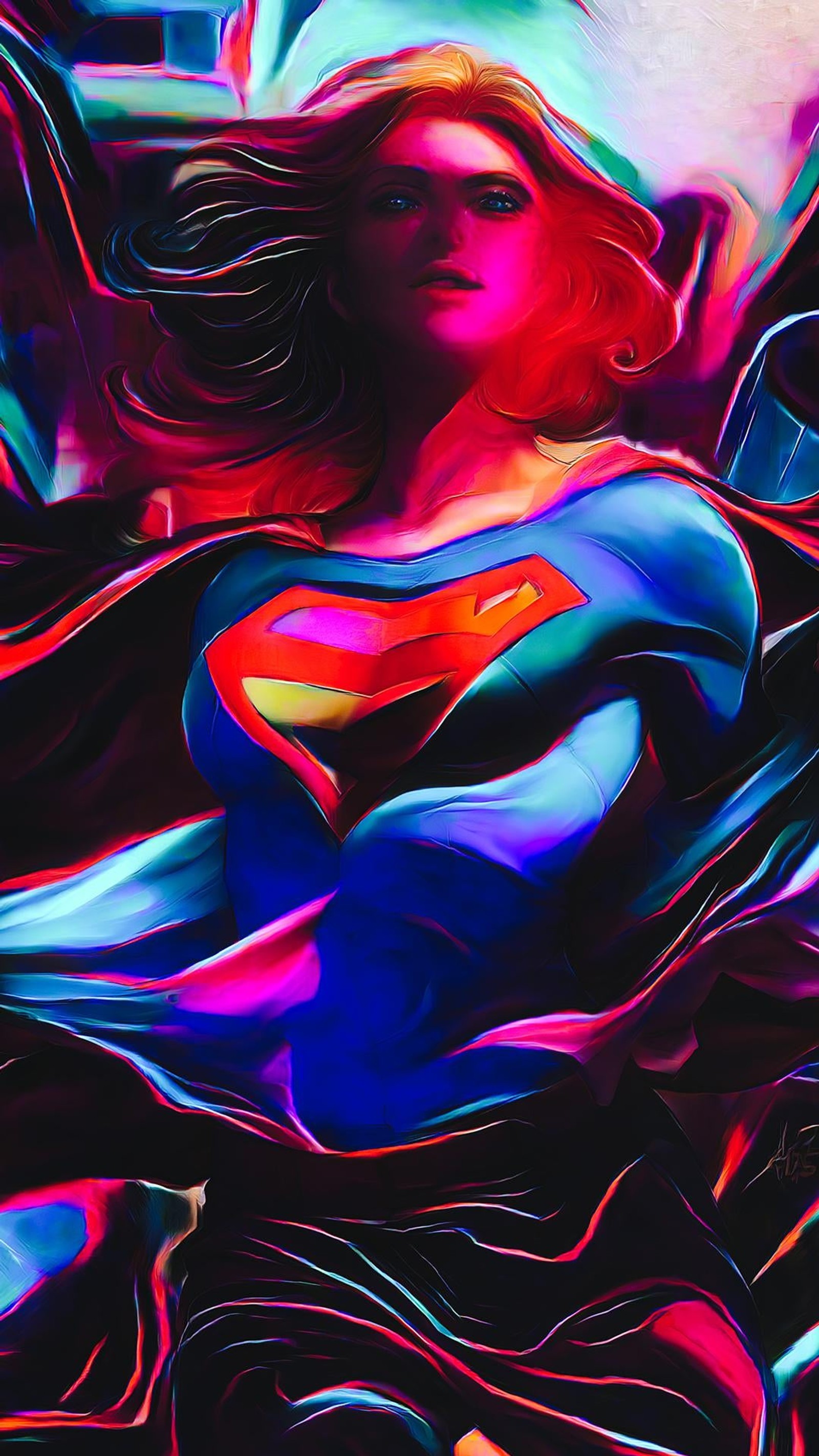 A painting of a woman in a superman costume with a cape (neon, melissa benoist, supergirl, dc comics, light)