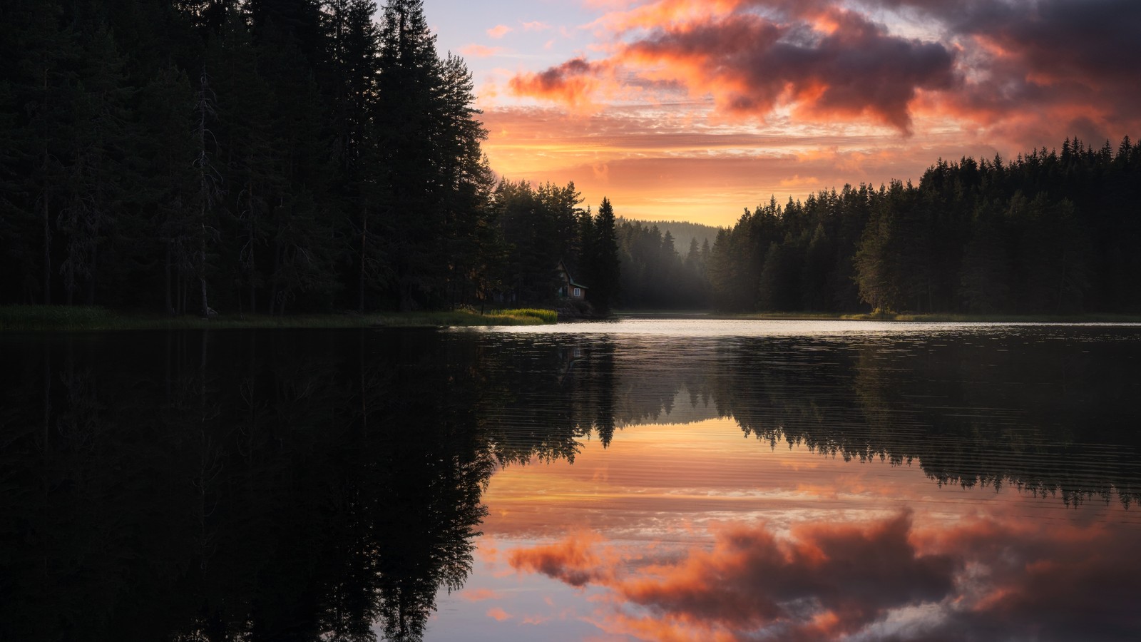 Vista árabe de um lago com uma floresta ao fundo (sereno, lago, por do sol, floresta, árvores)